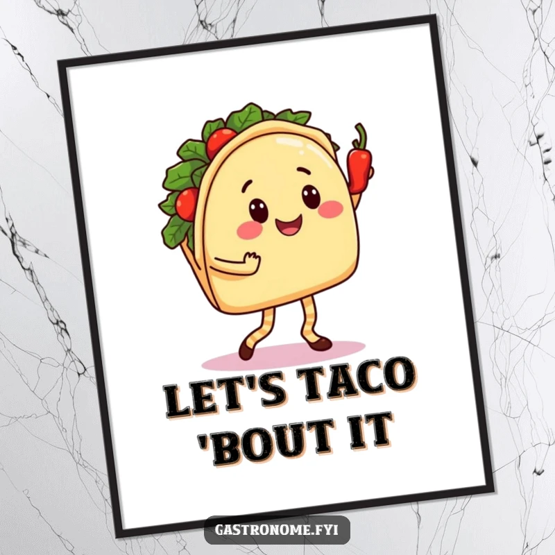 Funny Free Printable Wall Art: Smiling taco character doing a salsa dance with a spicy pepper, vibrant food art.