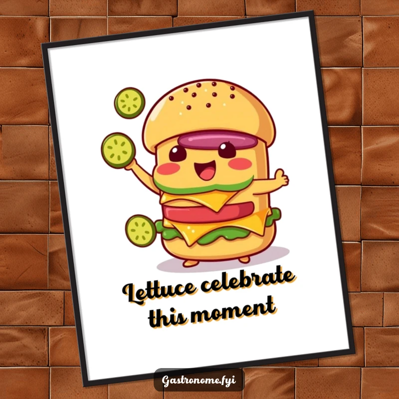 Funny Free Printable Wall Art: Delighted cheeseburger character juggling three tiny pickle slices, whimsical food art.