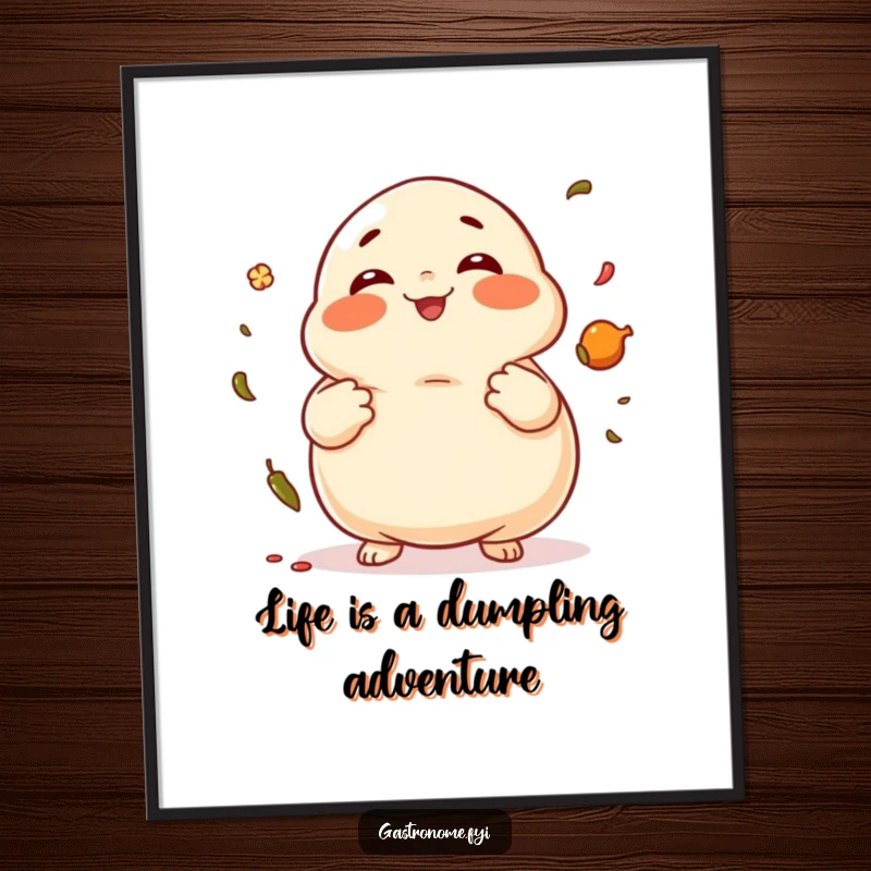 Funny Free Printable Wall Art depicting a plump dumpling character giggling while juggling colorful spices with glee.