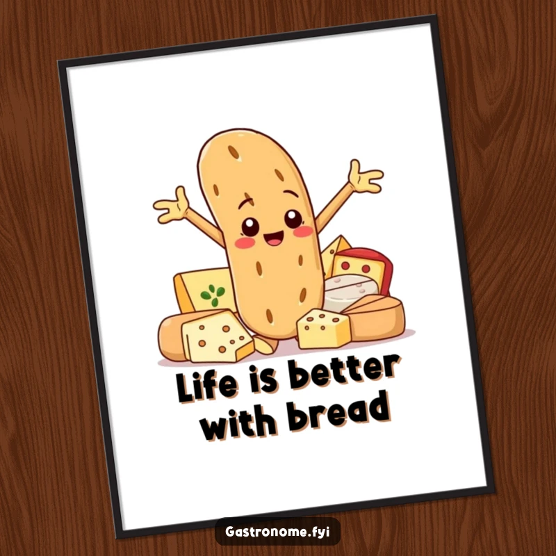 Funny Free Printable Wall Art: Proud baguette character posing with an array of gourmet cheeses. Deliciously humorous kitchen decor.