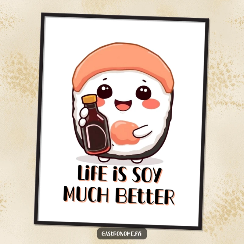 Funny Free Printable Wall Art: A contented sushi character beams with joy, holding a miniature soy sauce bottle.