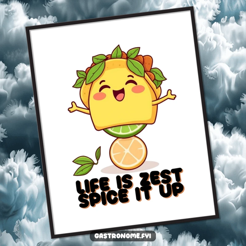 Funny Free Printable Taco Wall Art: Thrilled taco character perfectly balancing a miniature lime, a humorous and colorful piece of decor.