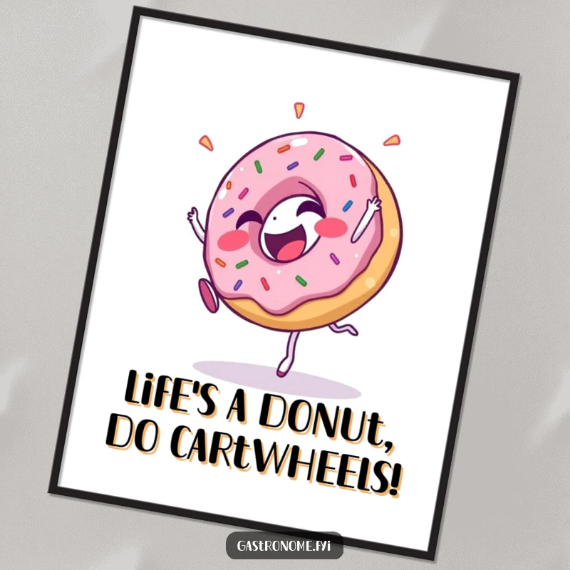 Funny Free Printable Wall Art: A giggling donut covered in sprinkles performs a cartwheel with joyful abandon.