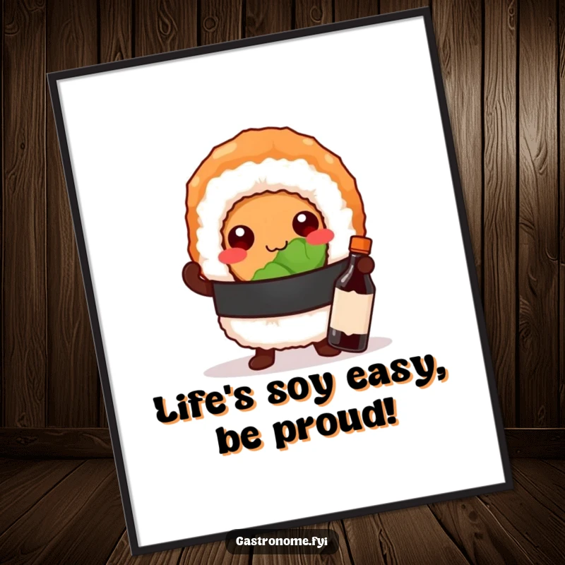Funny Free Printable Wall Art: A proud sushi roll character poses confidently with a tiny soy sauce bottle.