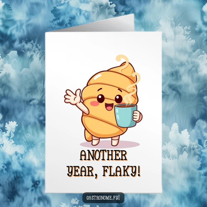 Funny Free Printable Birthday Card: Cheerful croissant character enthusiastically gesturing towards a steaming cup, inviting to celebrate.