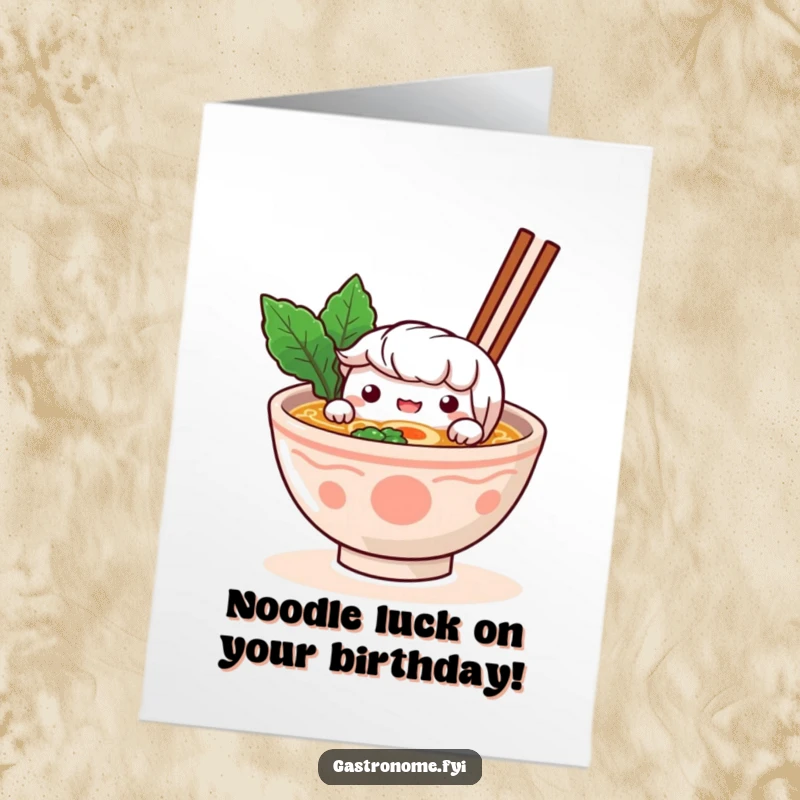 Funny Free Printable Birthday Card: A curious ramen bowl character peeking over its broth-filled body, wishing happy birthday.