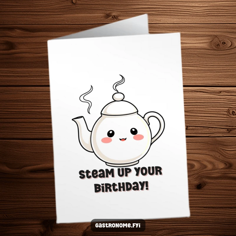 Funny Free Printable Birthday Card featuring a curious teapot character, steam swirling merrily, ready to deliver birthday cheer. Print at home.