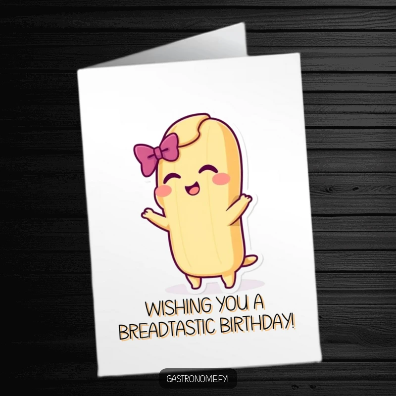 Funny Free Printable Birthday Card: Cheerful baguette character performing a dramatic bow with a flourish, celebrating a special day.