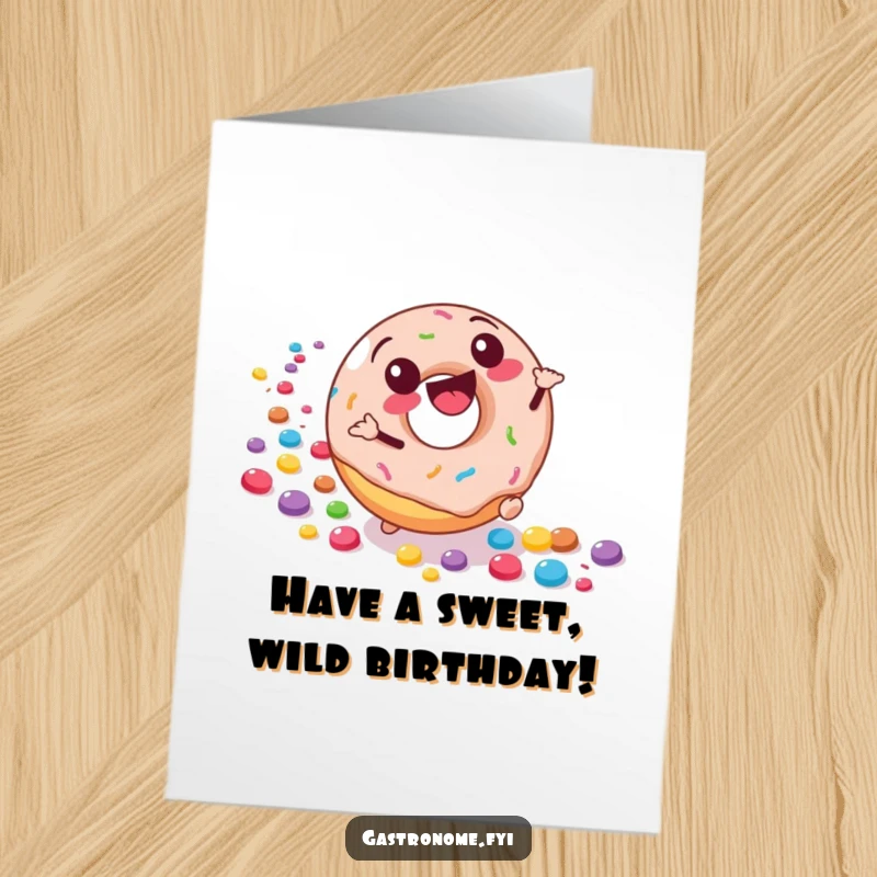 Funny Free Printable Birthday Card: Joyful donut character rolling downhill, leaving a trail of colorful candies. Sweet birthday excitement.