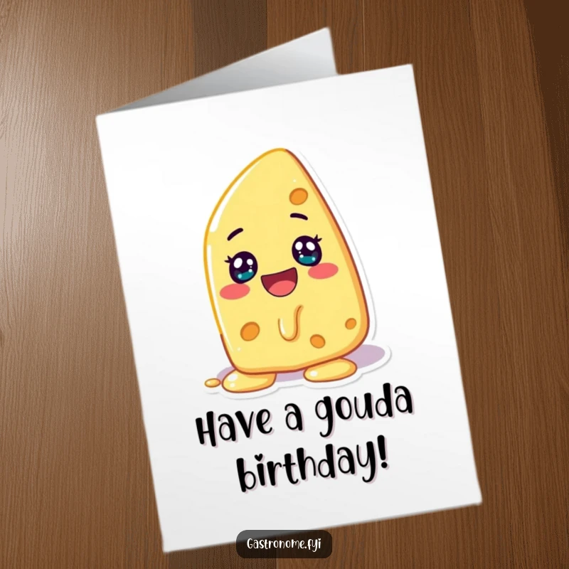 Funny free printable birthday card: A cheerful cheese character melting with glee, oozing birthday wishes.