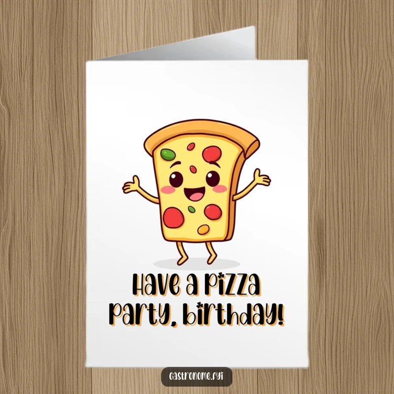 Funny Free Printable Birthday Card: A happy pizza slice character dances a jig with cheesy delight.