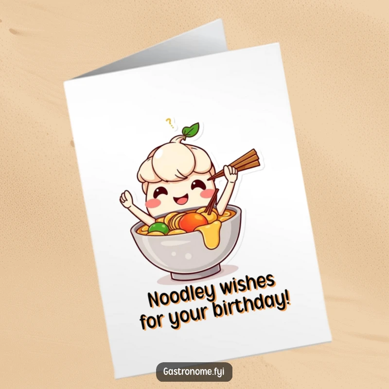 Funny free printable birthday card: A smiling ramen bowl character skillfully juggling chopsticks with a cheerful expression.