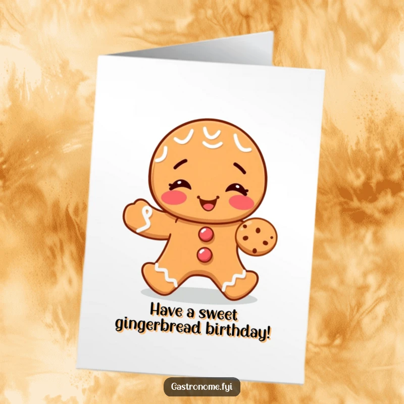 Funny Free Printable Birthday Card: Giggling gingerbread man shares a tiny cookie, spreading birthday happiness.