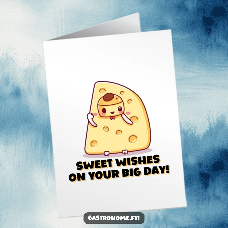 Funny Free Printable Birthday Card: Proud cheese wedge holding a tiny intricate pastry, celebrating a special day.