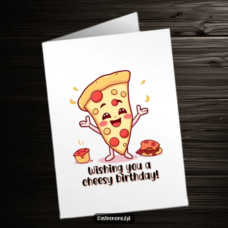 Funny Free Printable Birthday Card featuring a happy pizza slice character gesturing towards a giant feast, full of cheesy birthday cheer.
