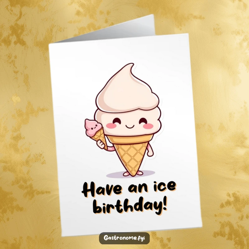 Funny Free Printable Birthday Card: A smiling ice cream cone character happily offering another cone, radiating sweetness.