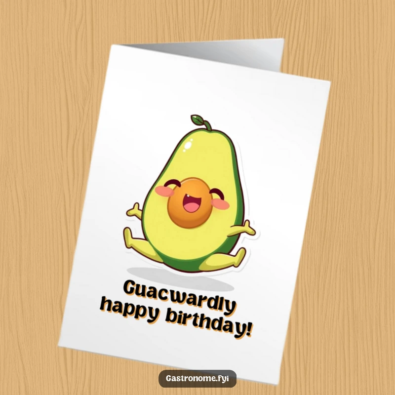 Funny Free Printable Birthday Card: A happy avocado character gracefully performs a perfect split.