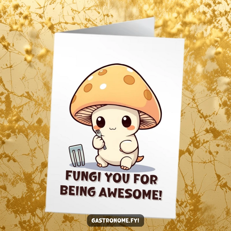 Funny Free Printable Birthday Card featuring a whimsical mushroom character meticulously polishing a tiny silver fork with a smile.