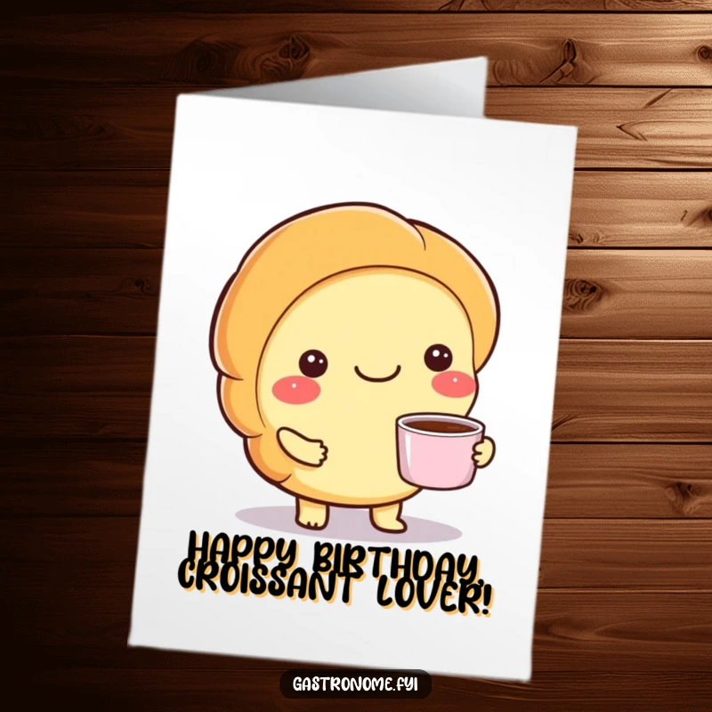 Funny Free Printable Birthday Card: A smiling croissant character serves a tiny cup of coffee with warmth.
