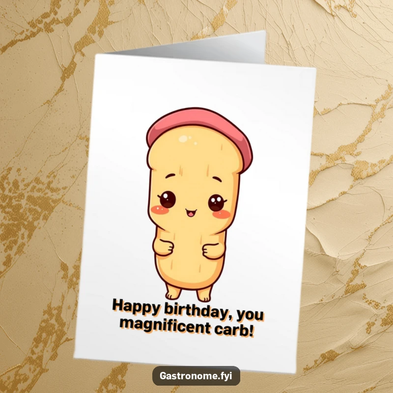 Funny Free Printable Birthday Card: A proud baguette character comically wearing a tiny beret, celebrating with style.