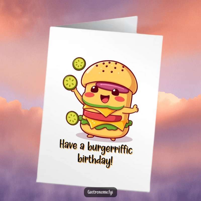 Funny Free Printable Birthday Card: Delighted cheeseburger character juggling three tiny pickle slices with a grin.