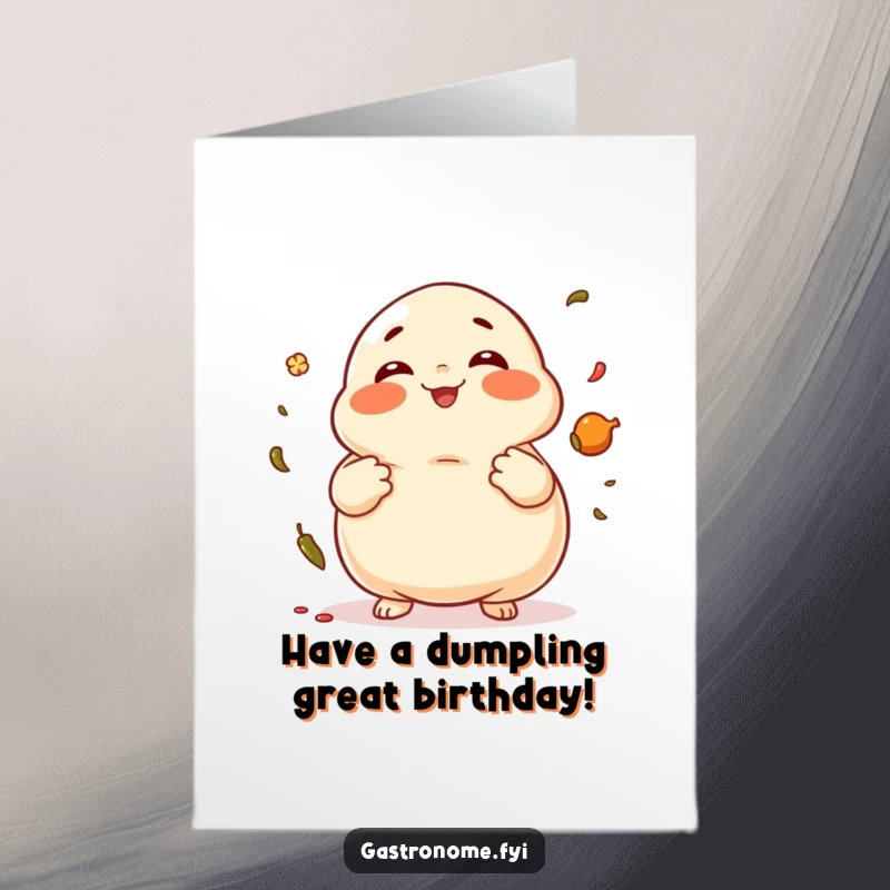 Funny Free Printable Birthday Card featuring a plump dumpling character giggling while juggling tiny spices, full of mirth.