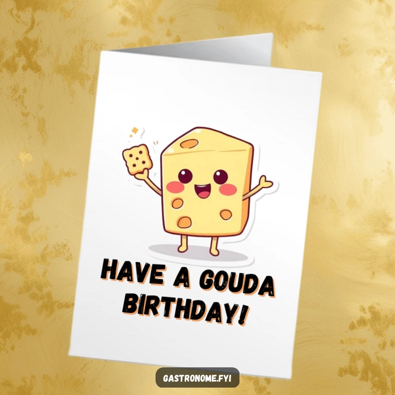 Funny Free Printable Birthday Card featuring a smiling cheese wedge character expertly balancing a tiny cracker with impressive flair. Happy birthday!