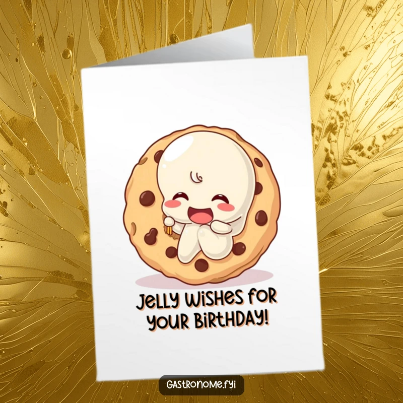 Funny Free Printable Birthday Card: A happy, wobbly jelly character taking a huge bite out of a giant cookie, pure joy.
