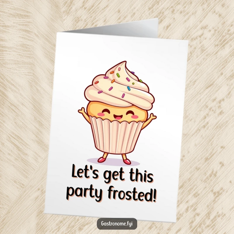 Funny free printable birthday card featuring a smiling cupcake with colorful sprinkles doing a joyful little dance, spreading birthday cheer.