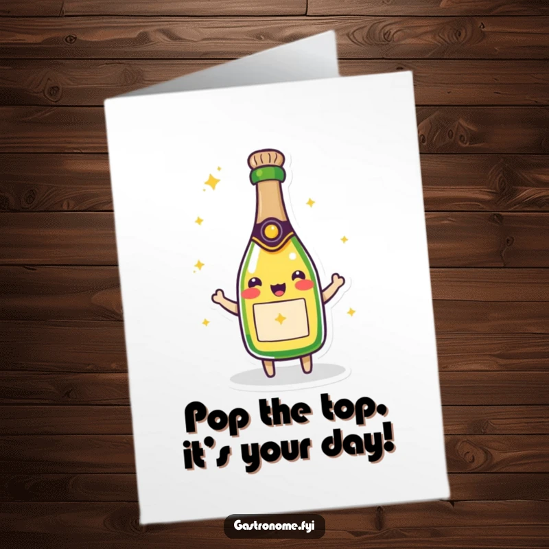 Funny Free Printable Birthday Card: A beaming champagne bottle character effervescently sparkling with pure joy and celebration.