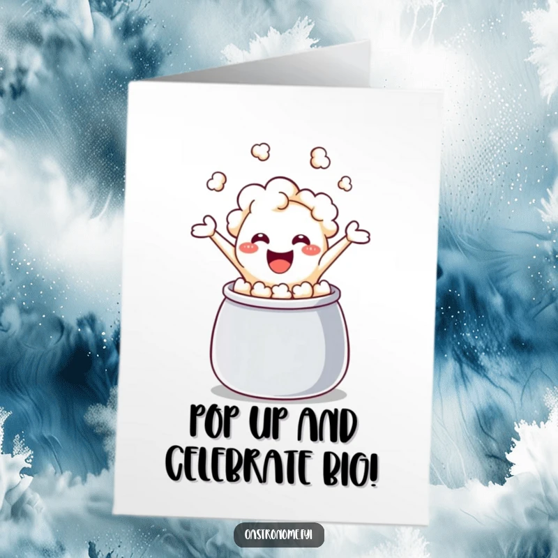 Funny free printable birthday card featuring a giggling popcorn kernel excitedly leaping from a kettle, ready for a fun celebration.