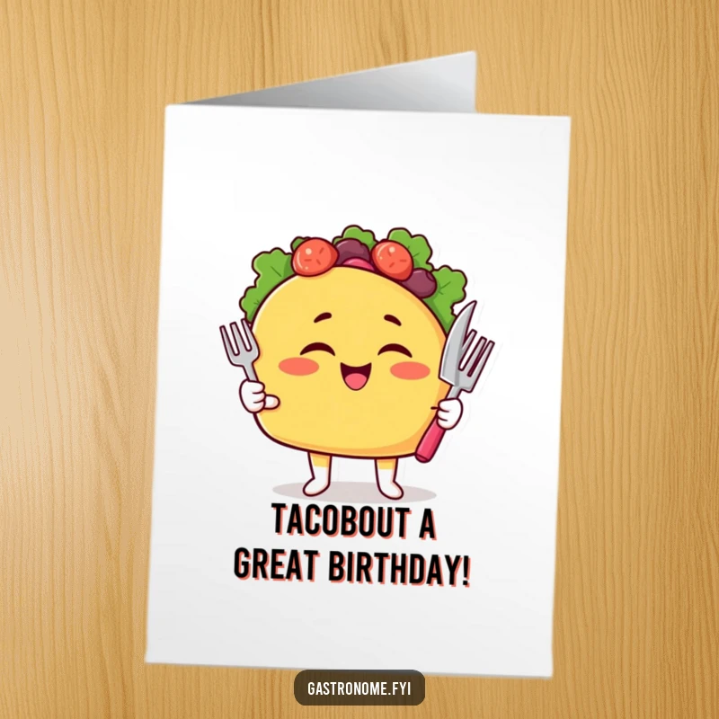 Funny Free Printable Birthday Card with a cheerful winking taco character holding tiny cutlery, ready to party.