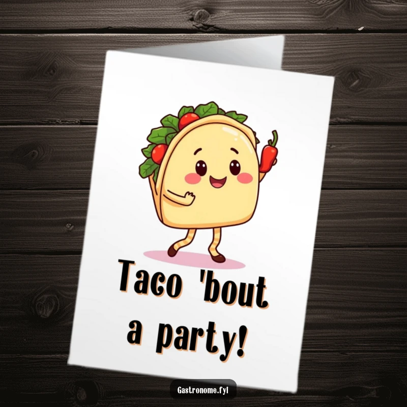 Funny Free Printable Birthday Card: Smiling taco character with legs doing a salsa dance with a spicy pepper, festive.