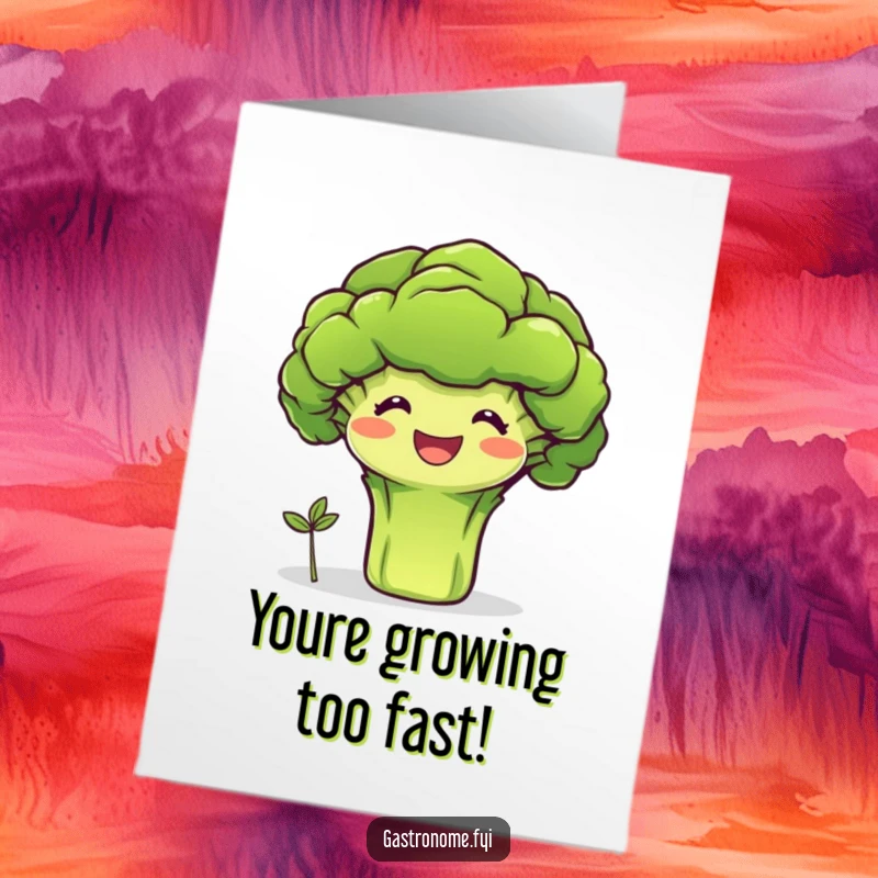Funny Free Printable Birthday Card: Smiling broccoli proudly presents a tiny sprout, symbolizing growth and birthday wishes. Wholesome cheer.