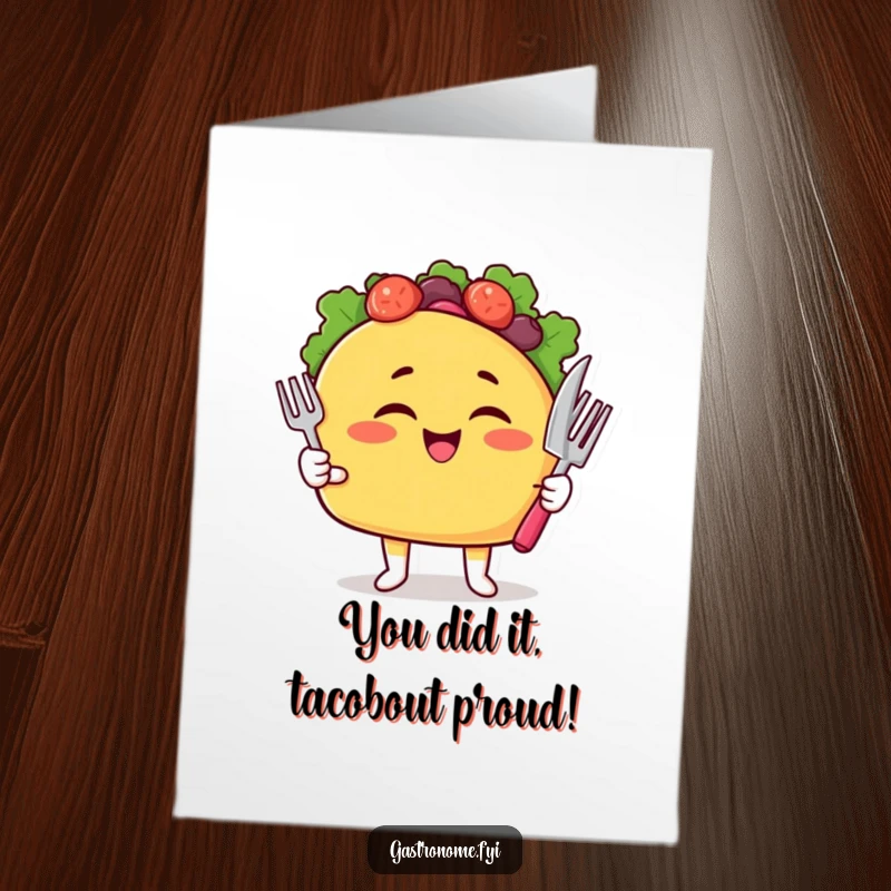 Funny Free Printable Congratulations Card featuring a winking taco character with fork and knife, celebrating success.