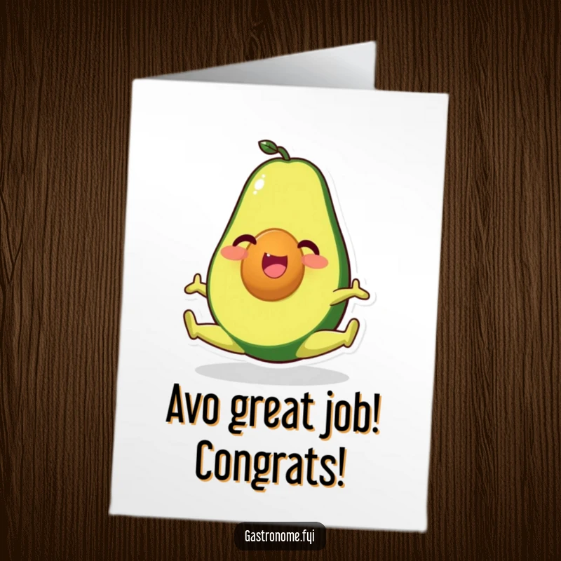 Funny Free Printable Congratulations Card: An avocado character in a perfect split, celebrating a flexible achievement.