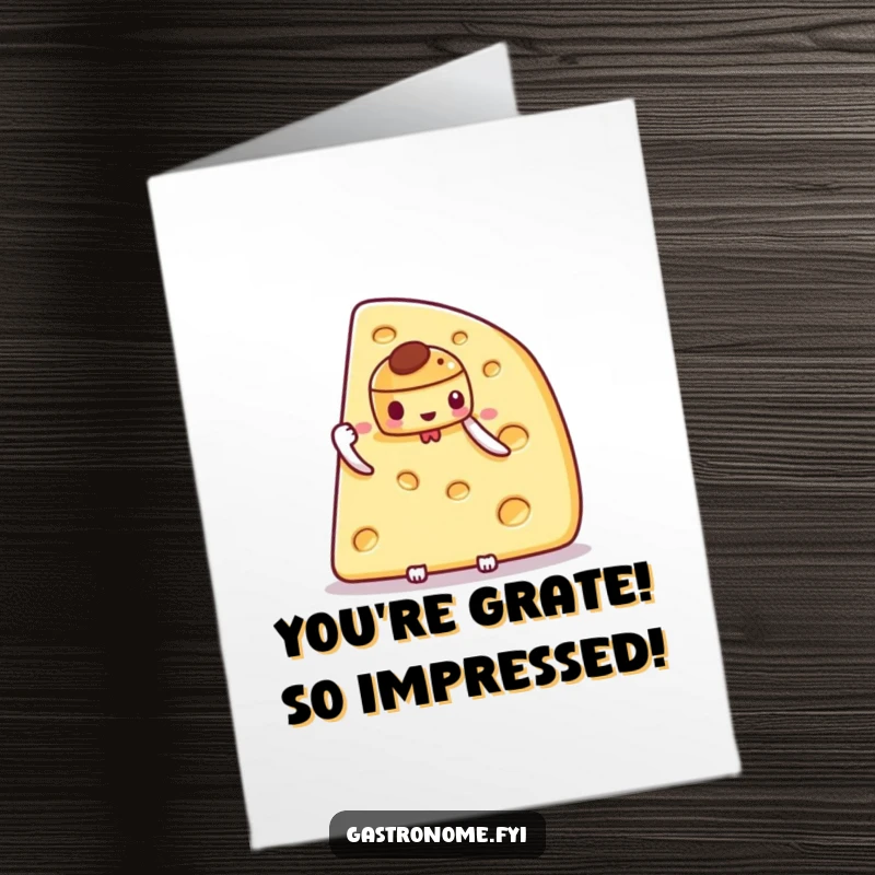 Funny Free Printable Congrats Card: Proud cheese wedge presenting a delicate, small pastry, signifying a win.