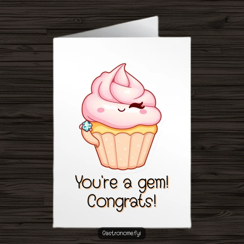 Funny Free Printable Congrats Card: Winking cupcake character offers a tiny, shimmering jewel, marking an achievement.