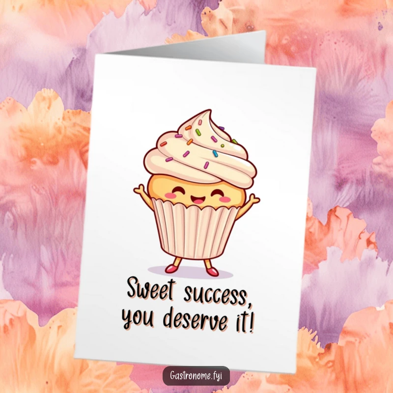 Funny free printable congratulations card of a happy cupcake with sprinkles dancing, celebrating success with sweet moves.