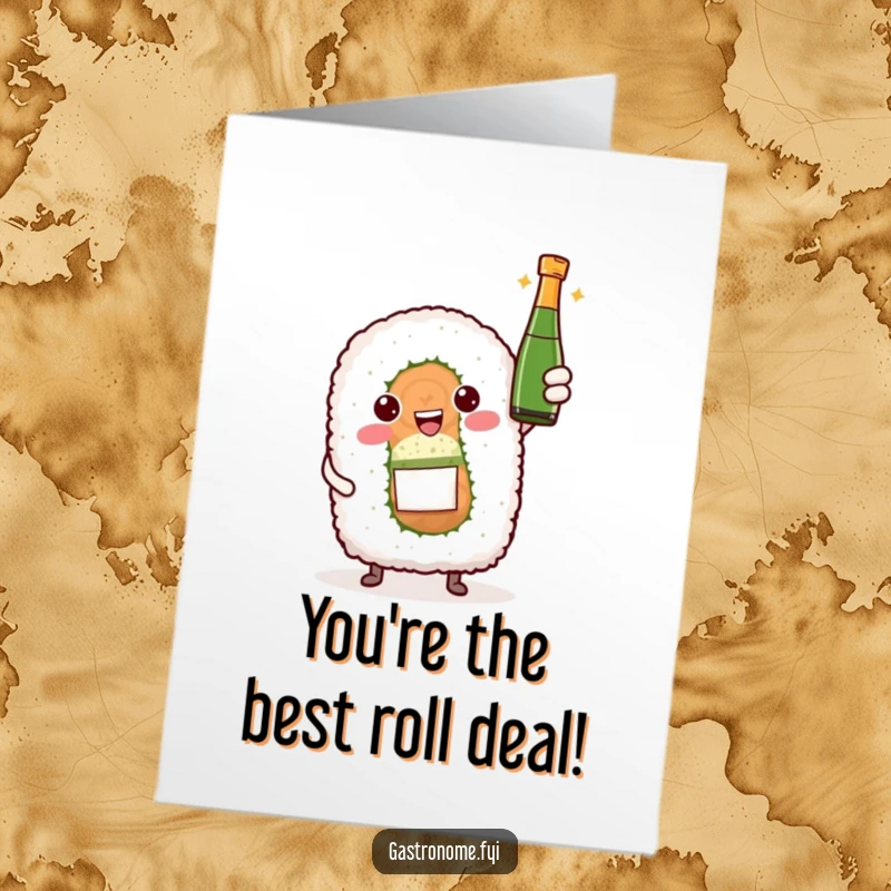 Funny Free Printable Congratulations Card: A proud sushi roll character presenting a miniature bottle of bubbly, perfect for any celebratory occasion.