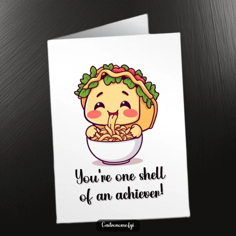 Funny Free Printable Congratulations Card: A happy taco character enjoying a bowl of tiny pasta, perfect for celebrating great news.
