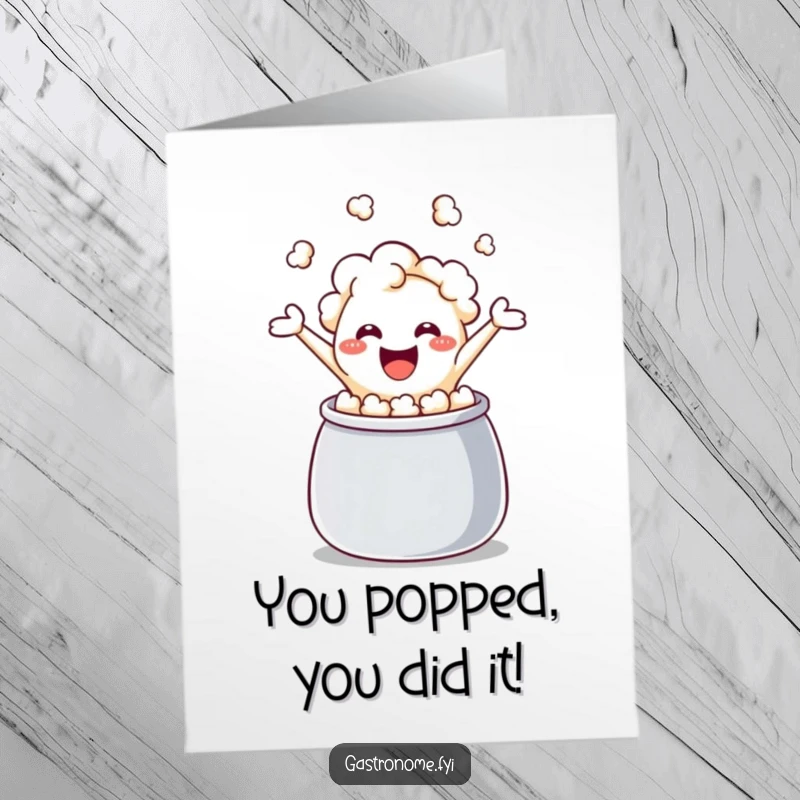 Funny free printable congratulations card showing a super excited popcorn kernel leaping out of a kettle with joy, celebrating achievements.