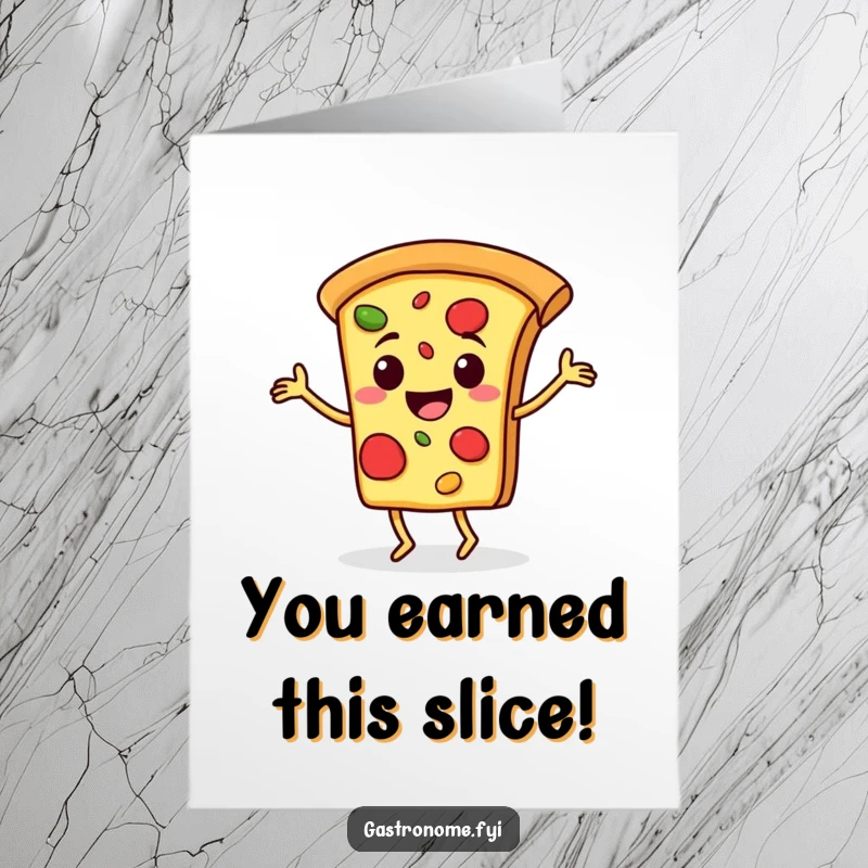 Funny Free Printable Congrats Card: A cheerful pizza slice does a happy jig, radiating pure joy.
