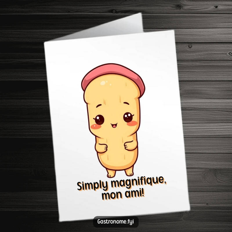 Funny Free Printable Congratulations Card: A proud baguette character looking dapper in a tiny beret, celebrating an achievement.