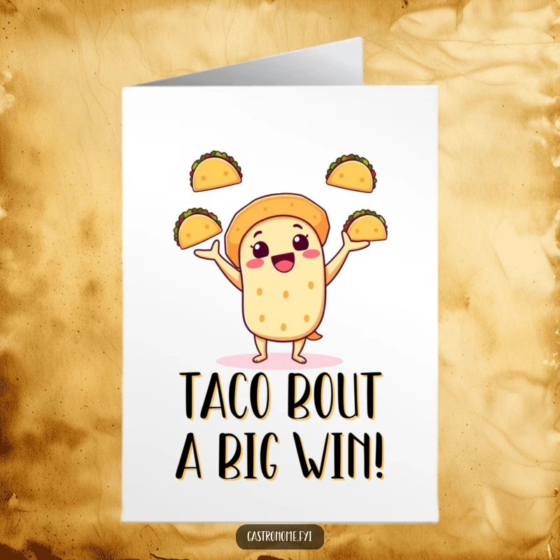 Funny Free Printable Congratulations Card: A cheerful taco character skillfully juggling mini tacos, celebrating an achievement with flair.