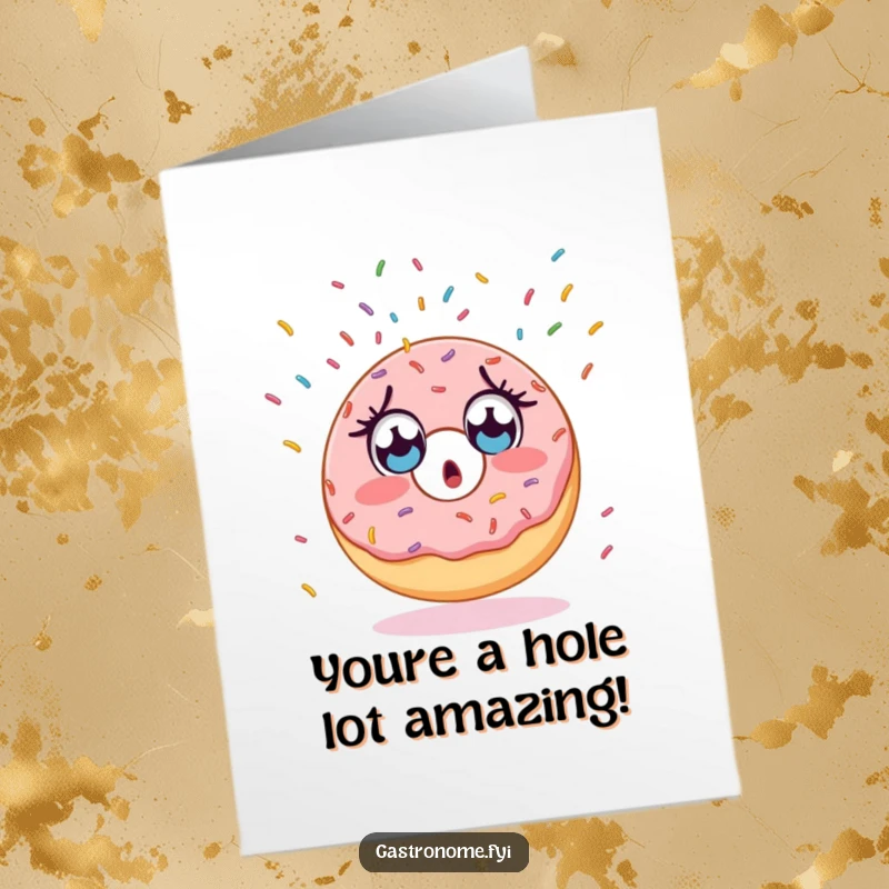 Funny Free Printable Congratulations Card: A surprised donut character with wide eyes watches sprinkles fall, celebrating achievements with humor.