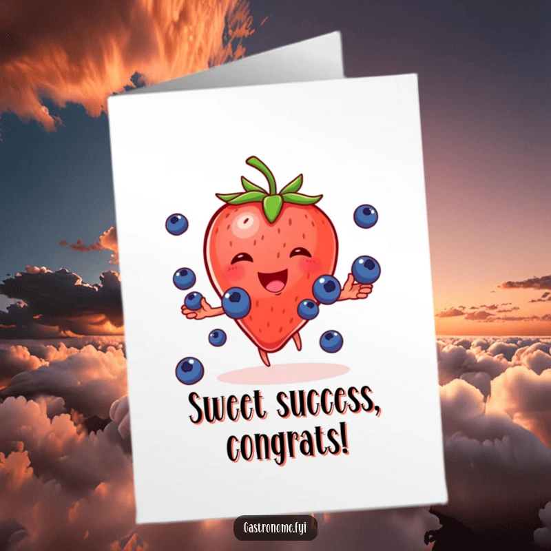 Funny Free Printable Congratulations Card showing a happy strawberry character gleefully juggling tiny blueberries.