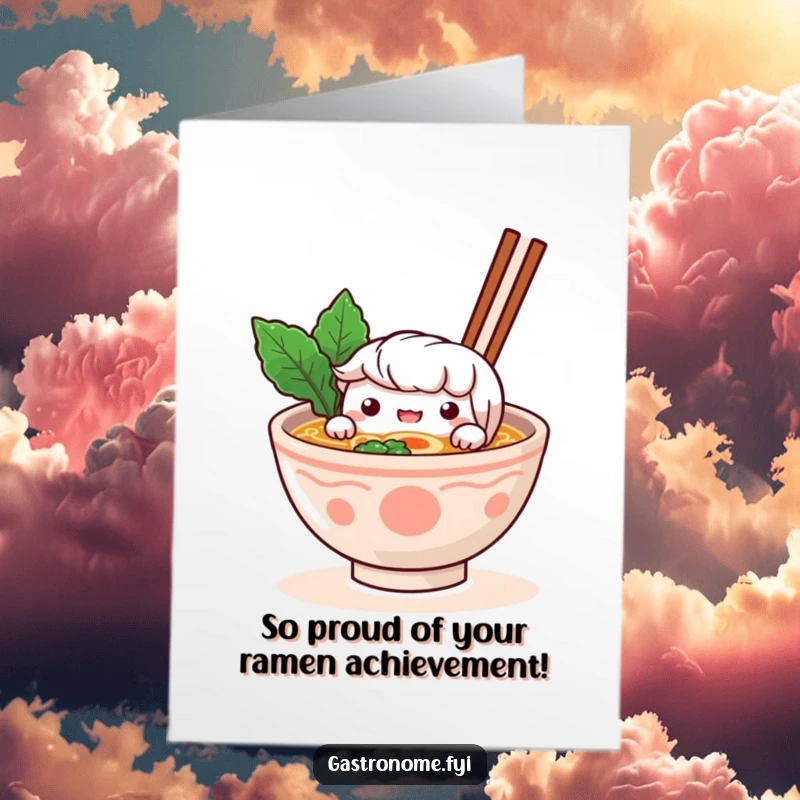 Funny Free Printable Congratulations Card: A curious ramen bowl character peeking out, celebrating a successful endeavor.