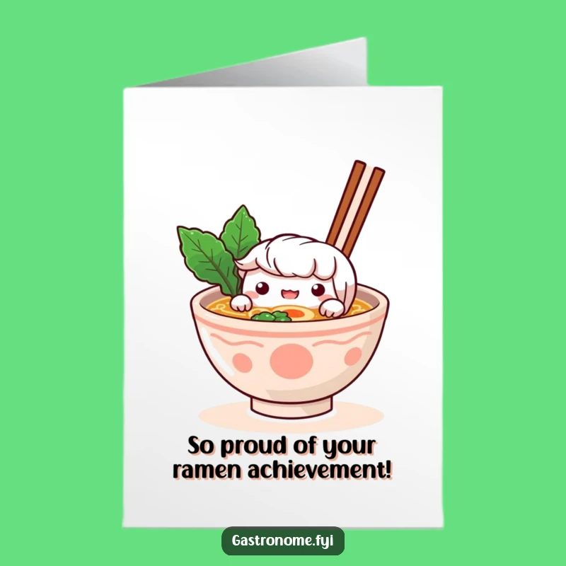 Free Printable Congratulations Card: Curious Ramen Bowl Character Cheers Success, Downloadable Gift