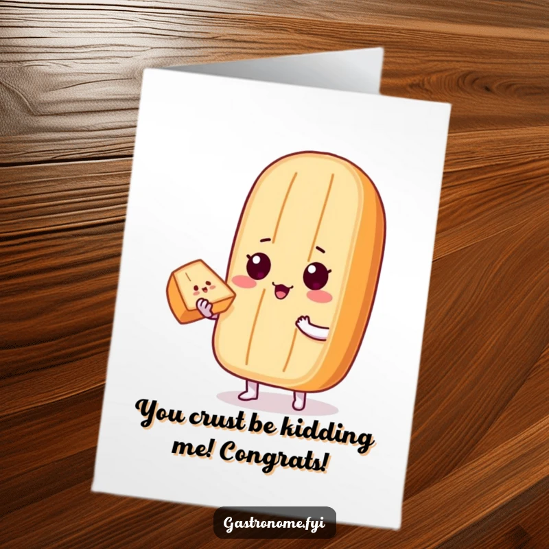 Funny Free Printable Congratulations Card: A proud baguette character offering a perfect slice, celebrating a major accomplishment.